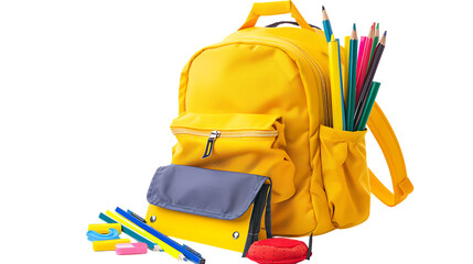 Yellow school backpack with school supplies isolated on transparent background