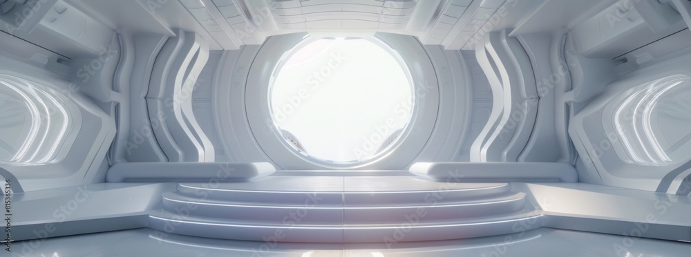 Sticker 3d render of futuristic white empty podium stage in scifi space station interior with light from the window - Stickers
