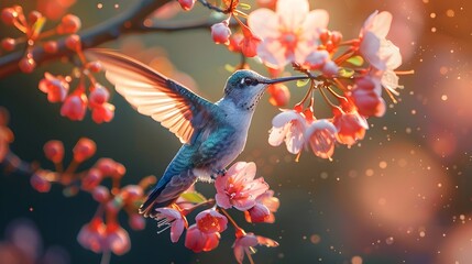 Vibrant Hummingbird Hovering Over Bright Blossoms in Lush Floral Garden