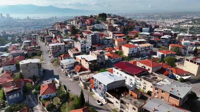 Aerial view of houses in the slum with drone