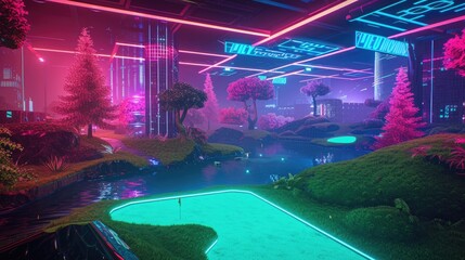 Golf course landscape in video game with neon color in grass lawn at visual reality world. Grass lawn with water pond with flag and preparing for playing golf at golf field. Sport activity. AIG42.