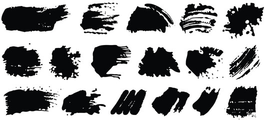 Set of black smears paint, ink brush strokes, brushes, lines. Dirty artistic grunge ink banner. Border  design elements, text frames. Vector 