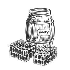  Wooden barrel with honey and honeycomb composition. Hand drawn organic food in engraving style isolated on white background. Woodcut, etching