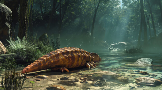 Prehistoric landscape with a giant millipede walking in a river