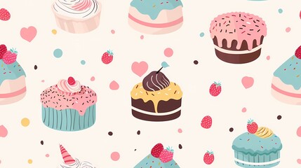 A delightful pattern of colorful cupcakes and berries with cute hearts