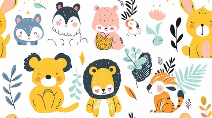 A cheerful collection of cartoon animals and plants in a whimsical pattern