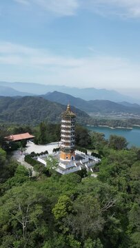 Aerial view of Pa Cien Pagoda with Ita thao pier background in Nantou