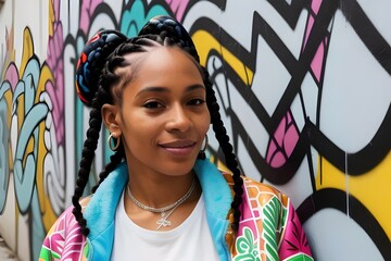 a young beautiful caribbean woman, 20s, braids, wearing a Graffiti pattern bomber jacket, Graffiti mural wall 