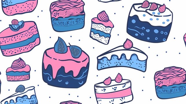 A colorful array of whimsical illustrated cakes and desserts on a dotted background