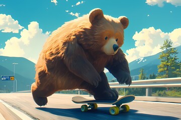 cartoon bear skateboarding on the street