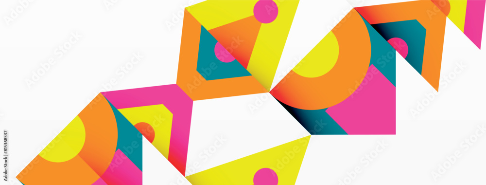 Poster A vibrant painting with a variety of colorful triangles arranged in a symmetrical pattern on a white background. The use of magenta and tints and shades adds depth to the creative arts piece