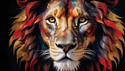 head of lion digital artwork of a lion head, adorned with a multitude of swirling patterns in gold, red, white, and black