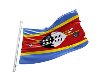 Eswatini waving flag with mast on white background with cutout path.