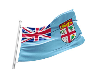 Fiji waving flag with mast on white background with cutout path.