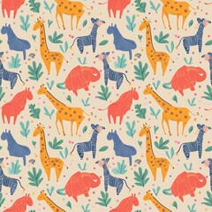 a pattern featuring exotic animals like zebras, giraffes, and elephants,