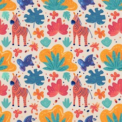 a pattern featuring exotic animals like zebras, giraffes, and elephants,