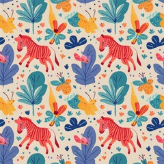 a pattern featuring exotic animals like zebras, giraffes, and elephants,