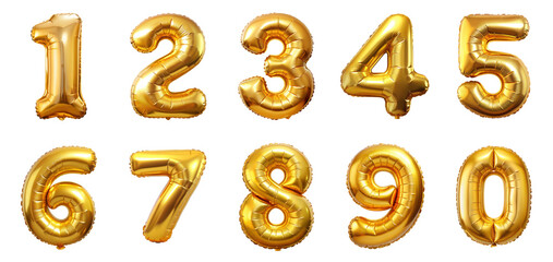 Gold balloons, alphabet letters and numbers. 3d vector realistic symbols. Festive decorations set, Golden Number Balloons 0 to 9. Foil and latex balloons. Helium balloons for anniversary and wedding