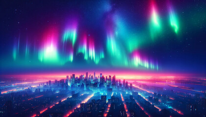 The aurora borealis lighting up the night sky over a city skyline