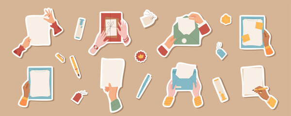 Flat hands with blank mail and letters sticker set illustration, colorful isolated hand writing letter template patch, woman sends envelope and package, cartoon character holds sheet of paper.