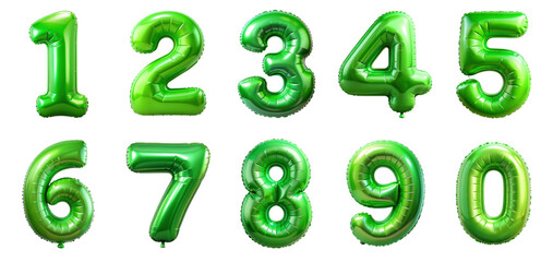Green Foil balloons, alphabet letters and numbers. 3d realistic symbols. Festive decorations set, Golden Number Balloons 0 to 9. Foil and latex balloons. Helium balloons for anniversary and wedding