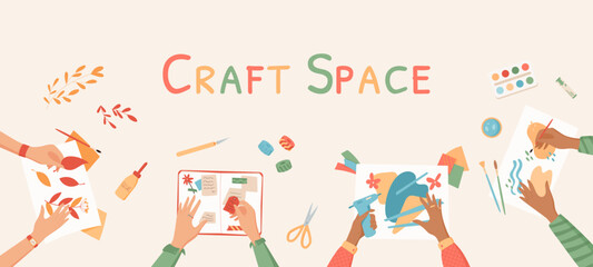 Cartoon handicraft workshop activity concept, handmade DIY work hobby vector banner, creative scrapbooking craft top view background, hands make colorful painting handcraft art class illustration.