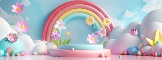 3D cartoon podium scene with a colorful rainbow and pastel background featuring flowers and clouds....
