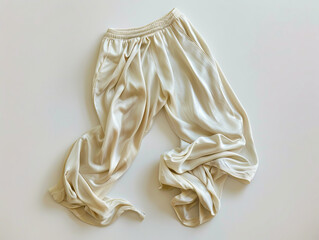 A pair of white pants on a white surface.