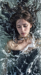 Fototapeta premium Serene Portrait of a Woman Floating in Water with Eyes Closed, Surrounded by Gentle Waves and Reflections