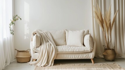 Naklejka premium Great as Interior Furniture Design Inspiration Minimal Modern Elegant Neutral Cozy White Scandinavian Living Room with Sofa and Plants Soft Earthy Colors 