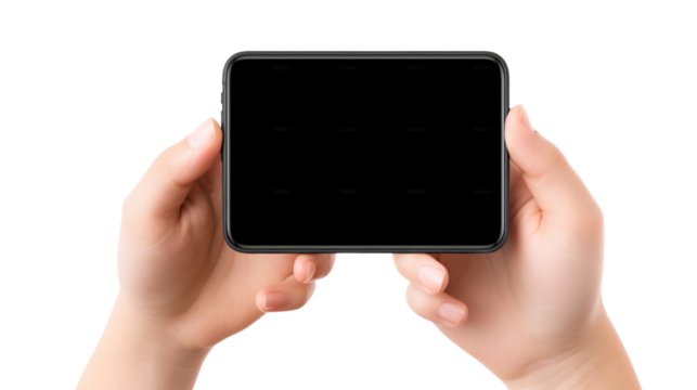 Young boy hands holding a phone with black blank screen, isolated on transparent background