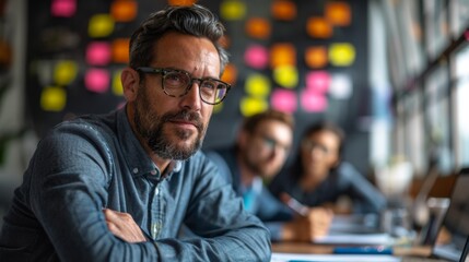 Obraz premium A portrait of an attractive man in his late thirties with glasses and short hair
