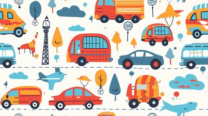 A whimsical pattern of transportation and city life elements