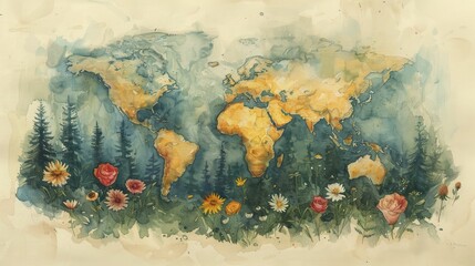 Global map made of native flora from each continent, aligning biodiversity with international trade patterns.