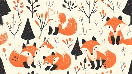 A whimsical pattern with playful foxes and autumn foliage