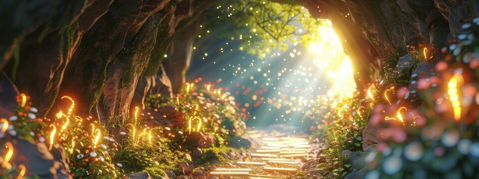 Glow worms in a cave illuminating paths like a vibrant stock market ticker, exploring hidden beauty and unseen market forces.