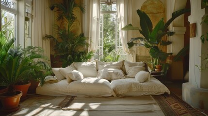 Great as Interior Furniture Design Inspiration Minimal Modern Elegant Neutral Cozy White Scandinavian Living Room with Sofa and Plants Soft Earthy Colors
