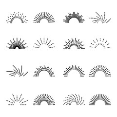 Set round sunburst. Bursting rays sunrise firework.