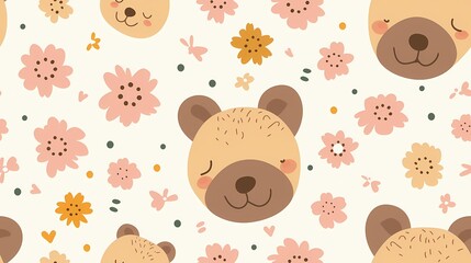 Adorable bear faces among a pattern of whimsical flowers