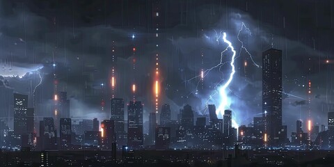 Obraz premium Lightning bolt striking a city, graphically transforming into a sudden market spike, illustrating rapid changes and their impacts.