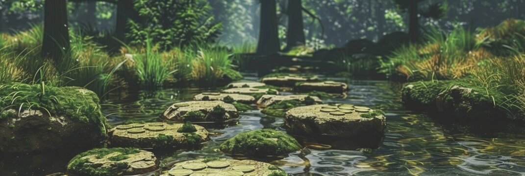 Moss covered stones in a stream subtly shaped like coins, discussing wealth accumulation in serene, sustainable settings.