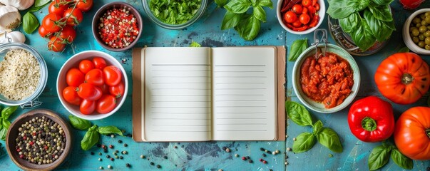 Plan a week of healthy meals by organizing ingredients, using a notepad for recipes in a clear, organized kitchen