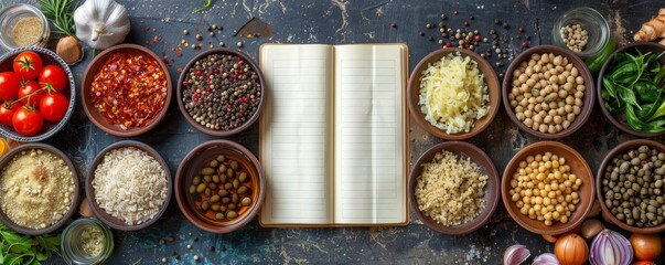 Organizing ingredients for a week of healthy meals, meal planning, a notepad with recipes, and a clear, organized kitchen