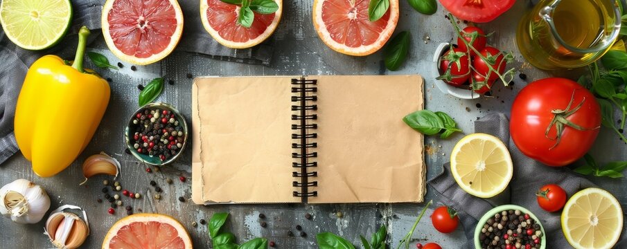 Clear, organized kitchen with meal planning, ingredients, recipes on notepad sets the tone for healthy meals all week
