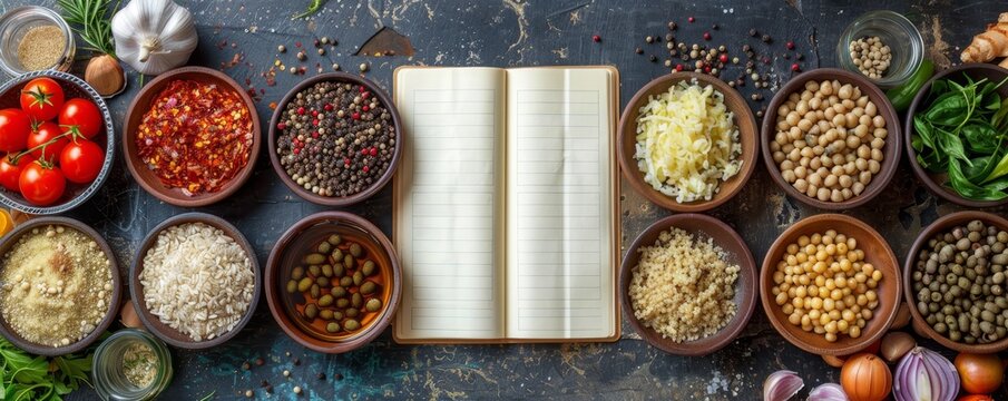 Organizing ingredients for a week of healthy meals, meal planning, a notepad with recipes, and a clear, organized kitchen