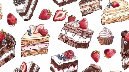 Assorted delicious cakes and berries pattern