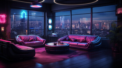 A cyberpunk city street with neon lights and skyscrapers