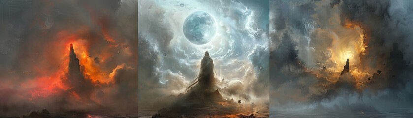 Fantasy landscape with a dark tower, a bright moon, and a fiery sky.