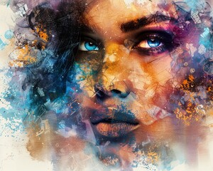 An artistic watercolor portrait with a splash of colorful elements, set against a textured, abstract background Generative AI