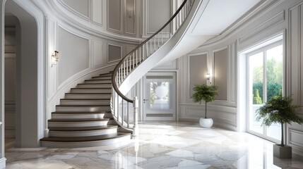 Obraz premium beautiful modern stairs in white luxury house in lounge with green plant in vase 